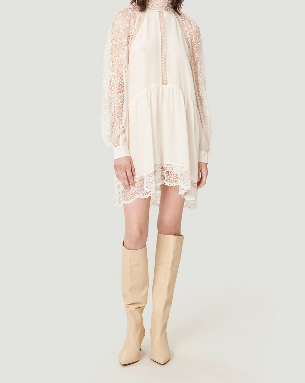 DEORRO LACE PUFF SLEEVE HIGH NECK MINI DRESS image number null